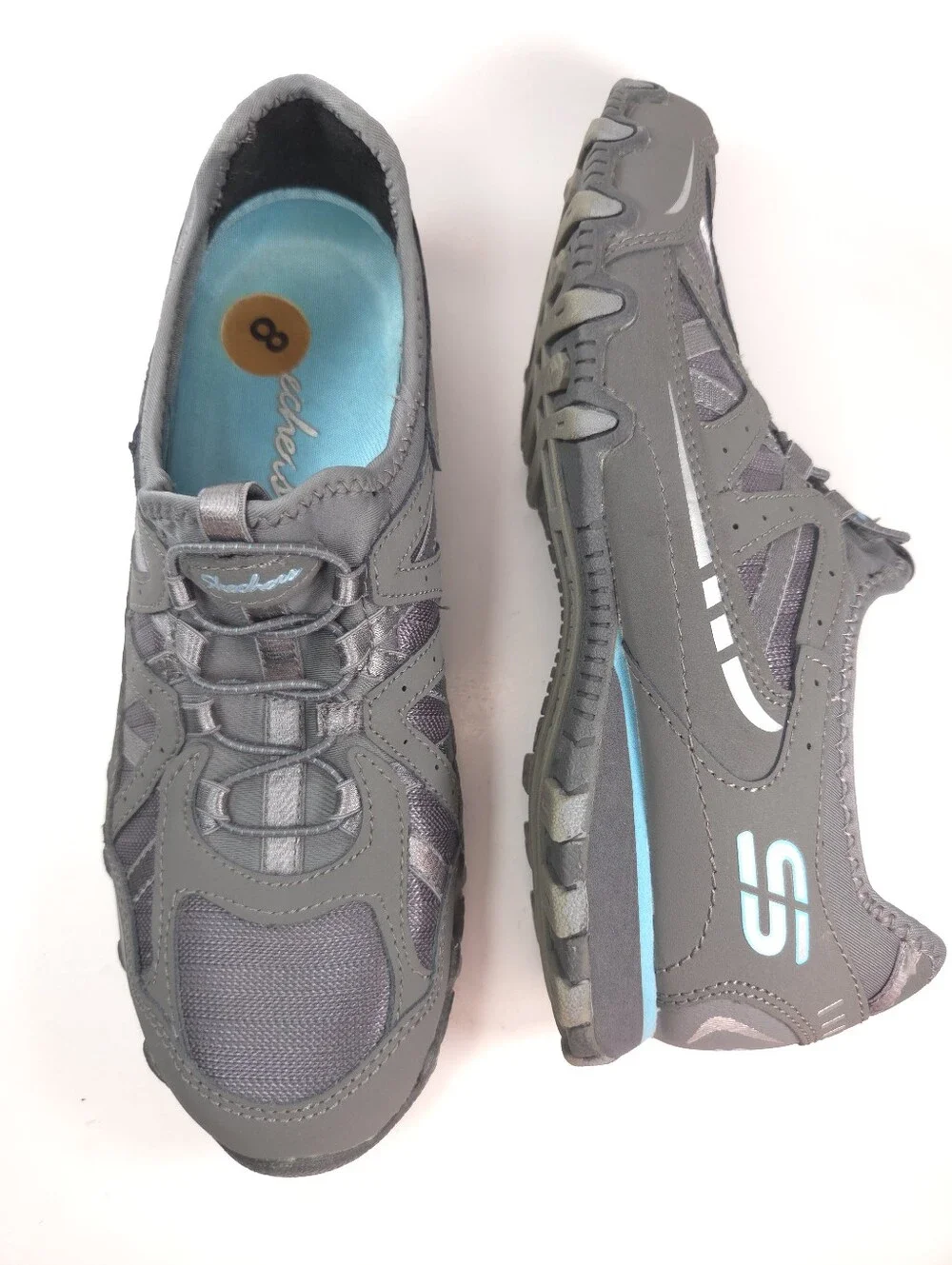 Skechers Bikers Gray & Teal Slip‑On Bungee‑Lace Walking Sneakers Sz 8